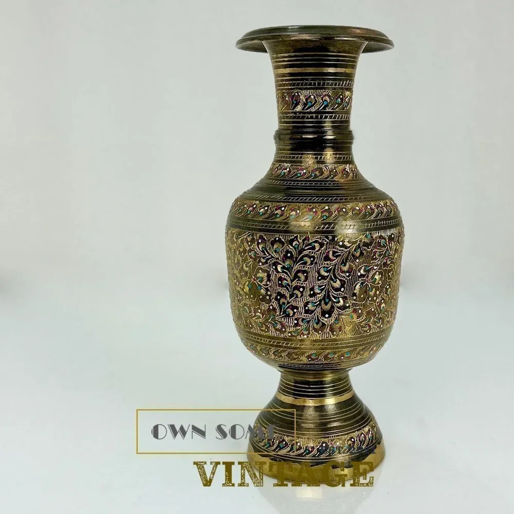 Vintage India Brass Bud Vase | Hand Engraved Floral Design